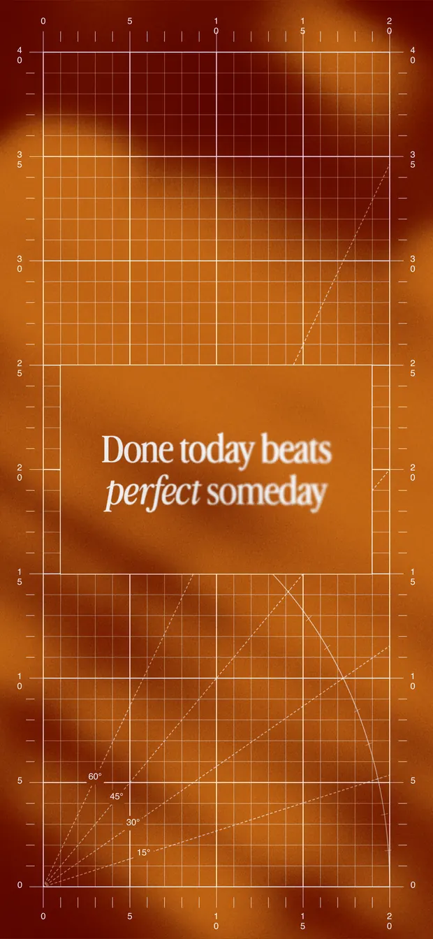 Rust iPhone wallpaper reading "Done today beats perfect someday" over a blueprint grid and soft gradient