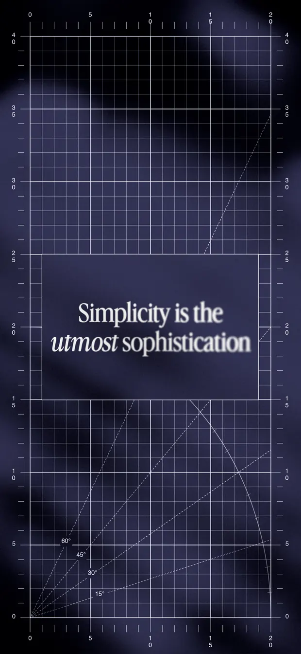 Indigo iPhone wallpaper reading "Simplicity is the utmost sophistication" over a blueprint grid and soft gradient